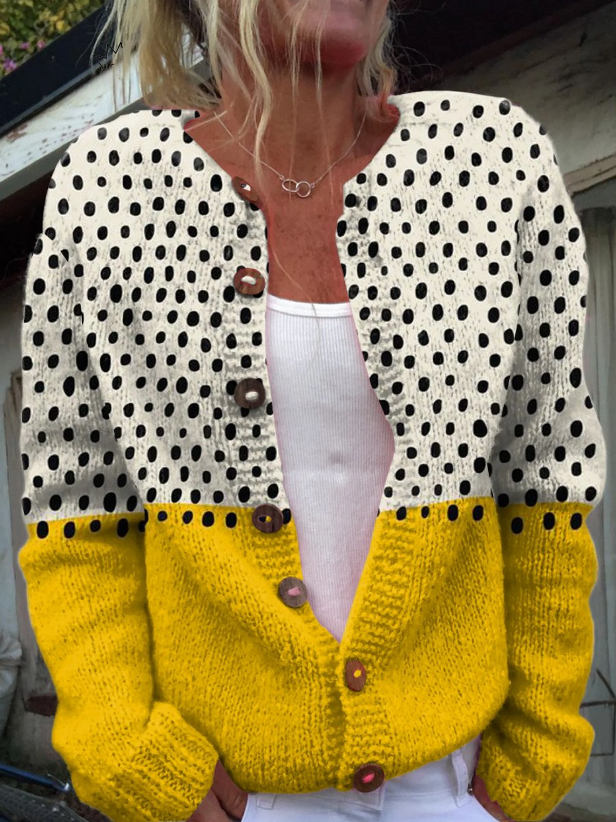 Imprimé à Pois Géométriques Jaunes | Pull Cardigan Boutonné